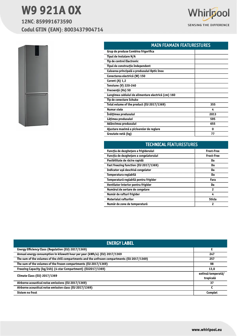 Page 1 de la notice Fiche technique Whirlpool W9 921A OX