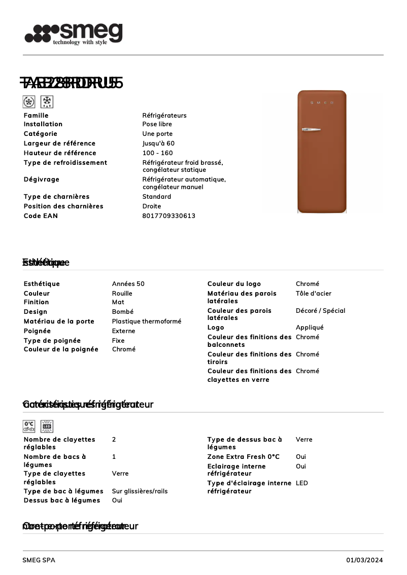 Page n°1 - Fiche technique Smeg FAB28RDRU5