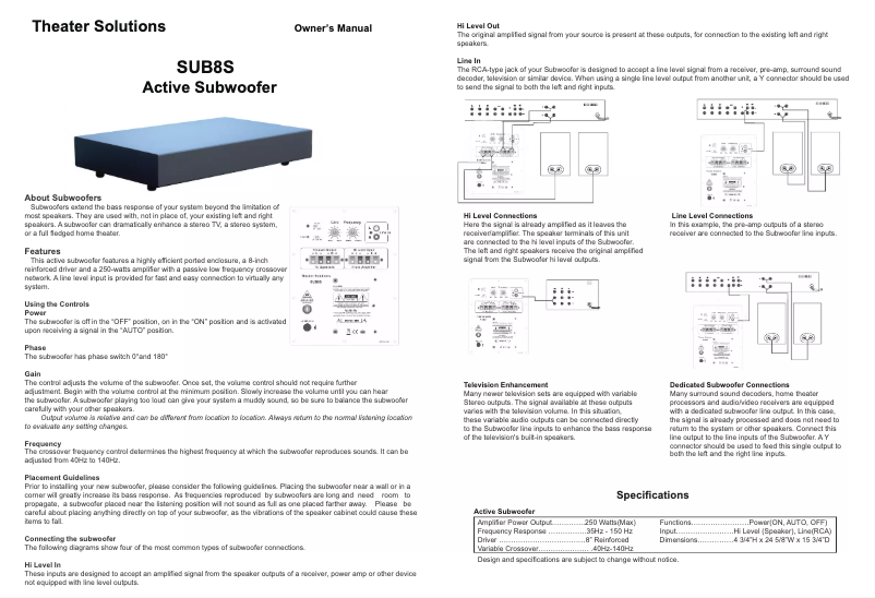 Page n°1 - Manuel utilisateur Theater Solutions SUB8S