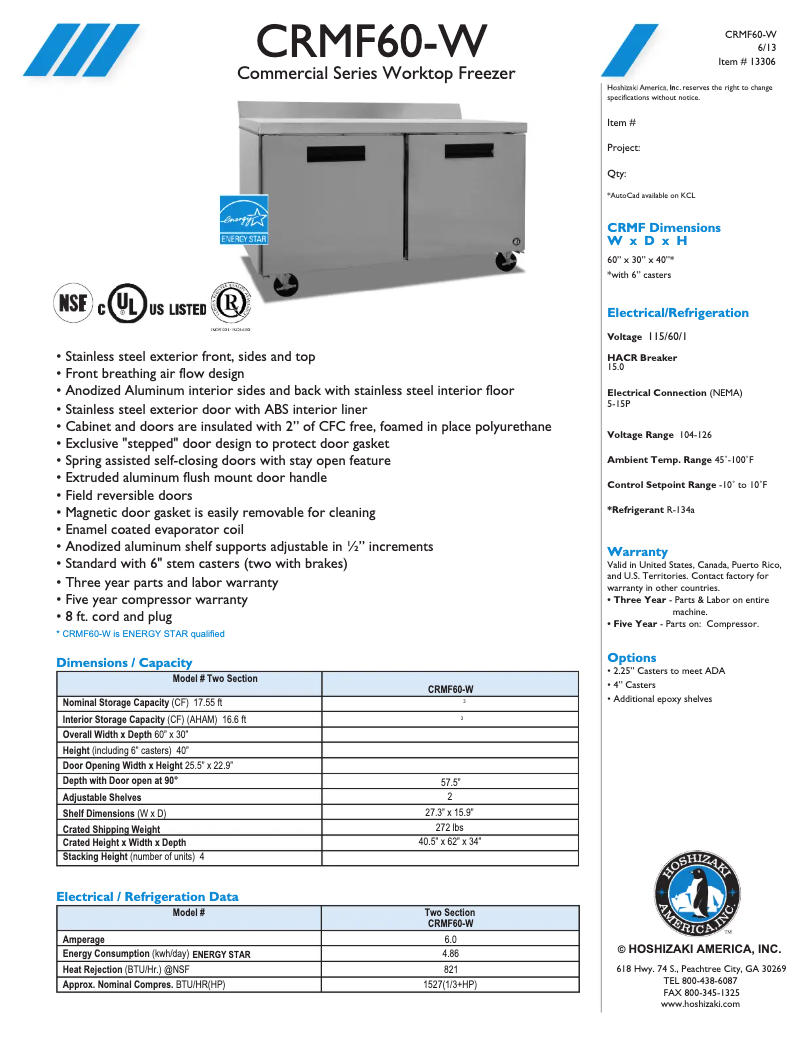 Page 1 de la notice Fiche technique Hoshizaki CRMF60-W