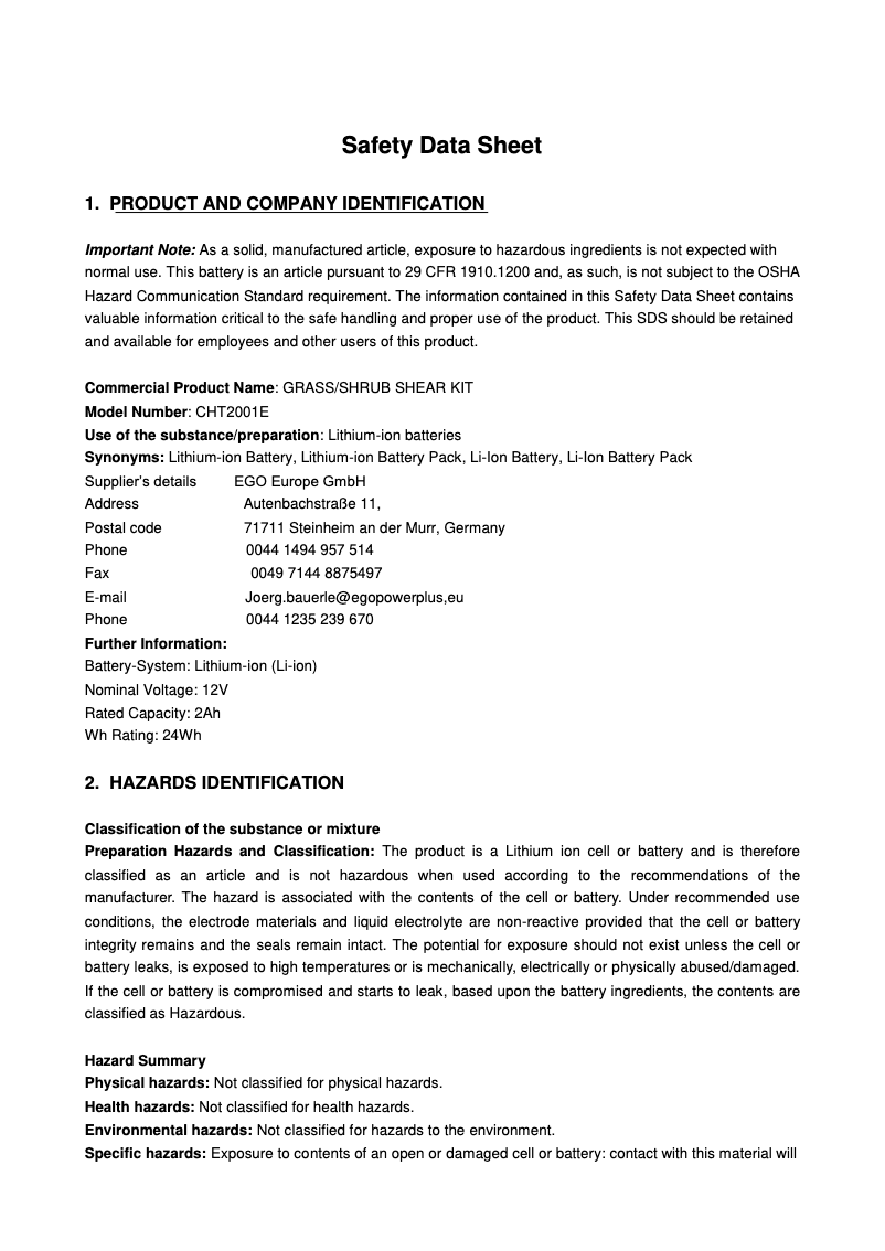 Page 1 de la notice Instructions de sécurité EGO CHT2001E