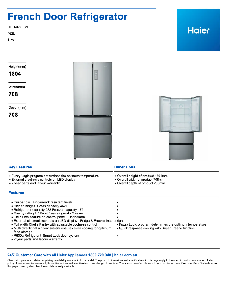 Page 1 de la notice Fiche technique Haier HFD462FS1
