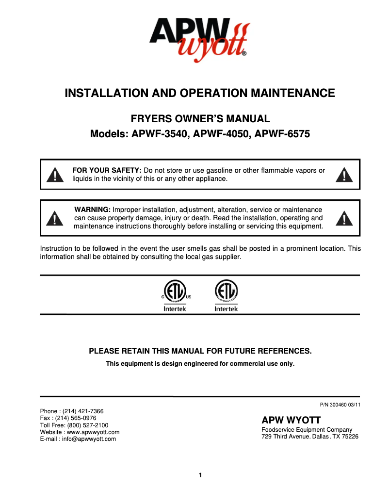 Page 1 de la notice Manuel utilisateur APW Wyott APWF-4050