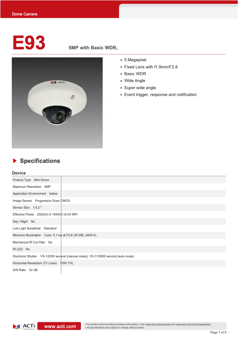 Page 1 de la notice Fiche technique ACTi E93