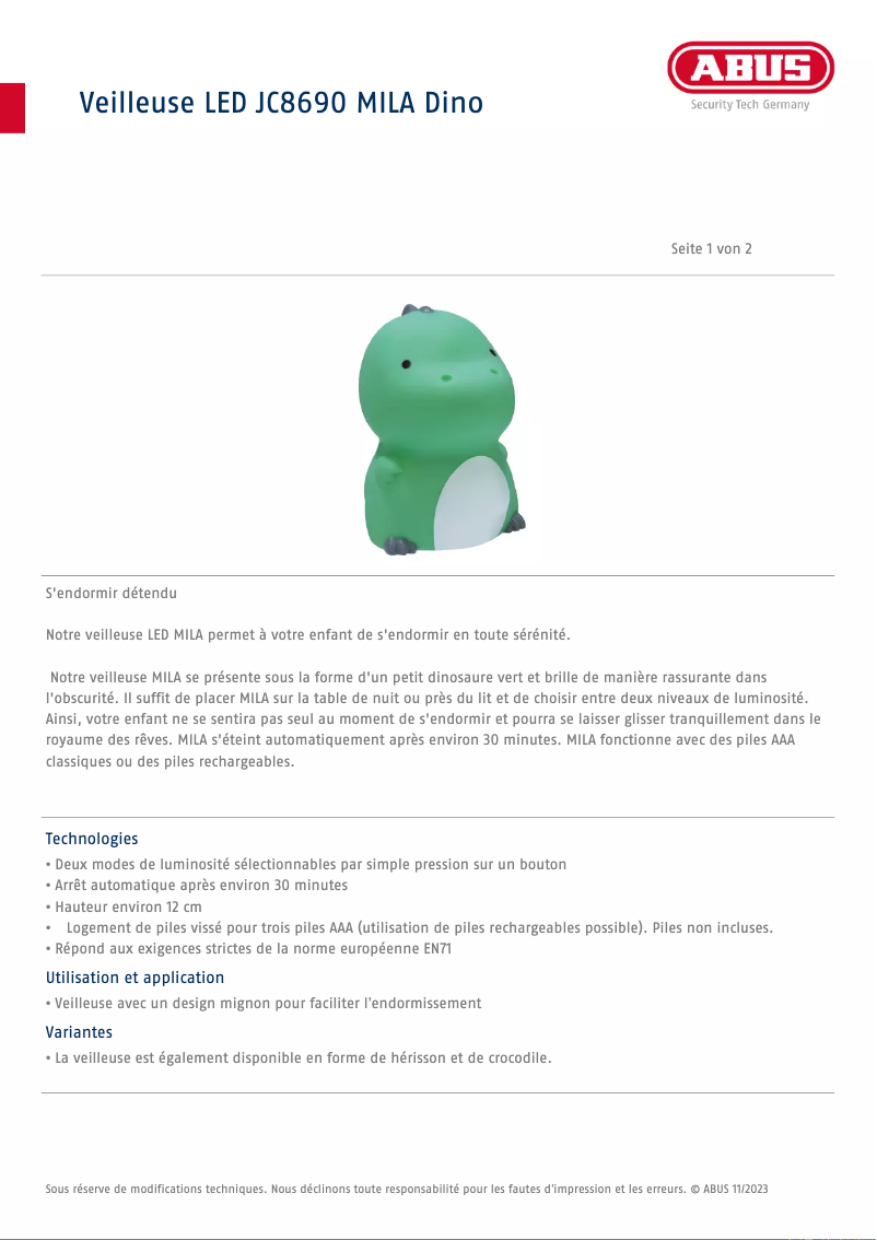 Page n°1 - Fiche technique Abus Mila JC8690