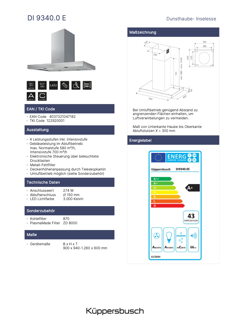 Page 1 de la notice Fiche technique Küppersbusch DI9340.0E
