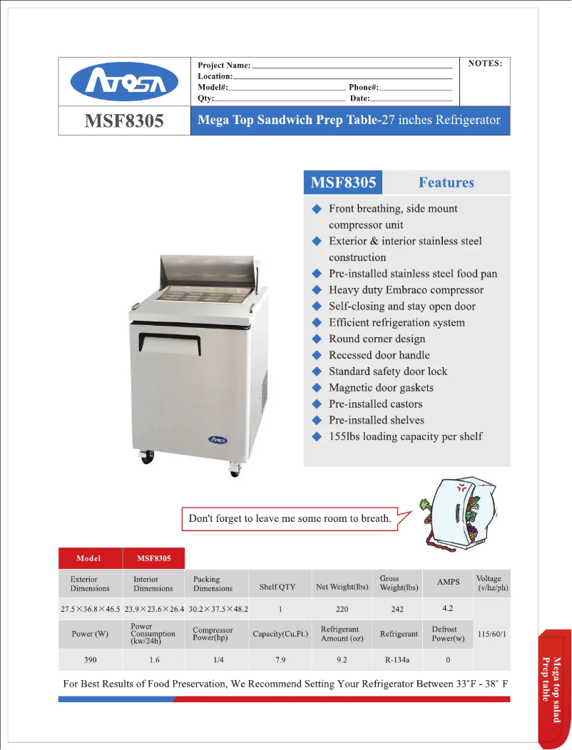 Page n°1 - Manuel d'utilisation et d'entretien Atosa MSF8305