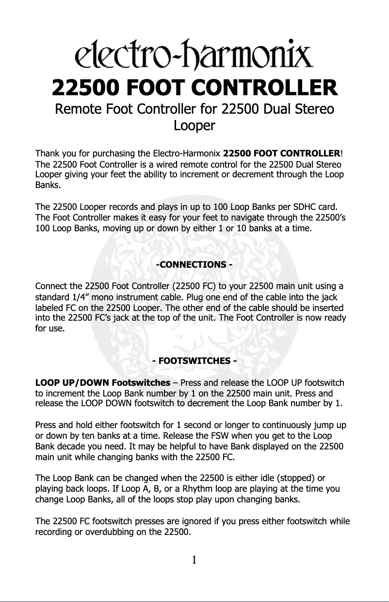 Page n°1 - Manuel utilisateur Electro Harmonix 22500 Foot Controller
