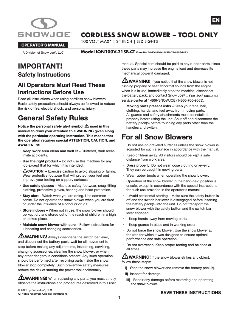 Page n°1 - Manuel utilisateur Snow Joe ION100V-21SB-CT