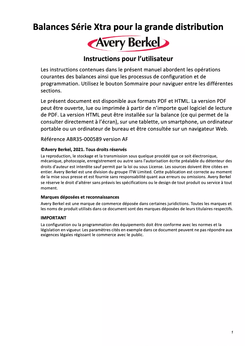 Page n°1 - Manuel utilisateur Avery Berkel XTx600