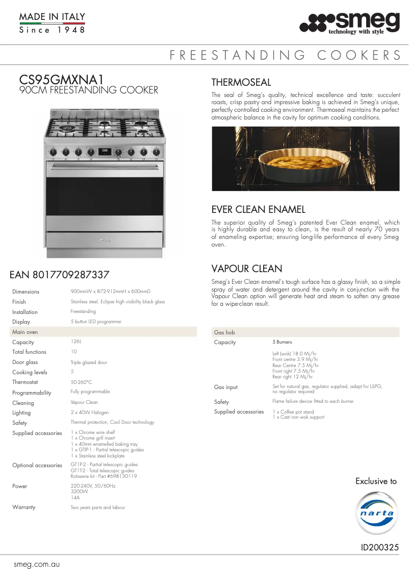 Page 1 de la notice Fiche technique Smeg CS95GMXNA1