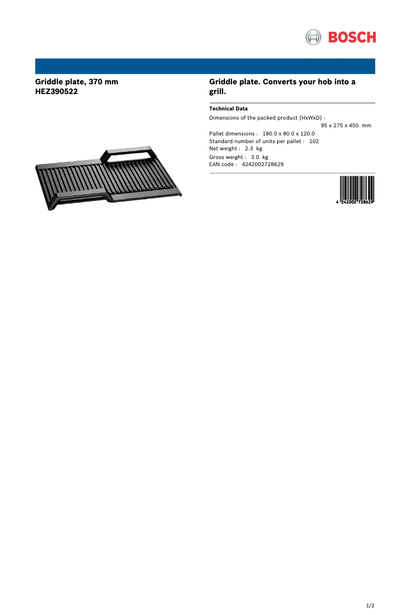 Page 1 de la notice Fiche technique Bosch HEZ390522