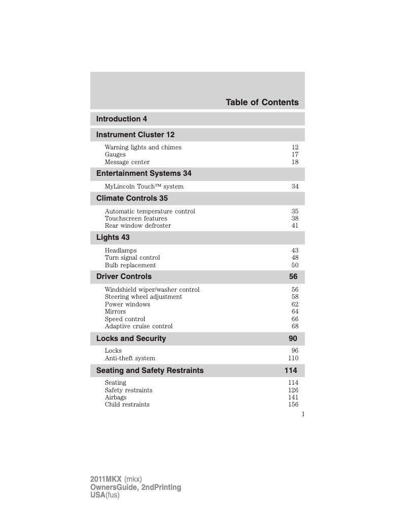 Image de la première page du manuel de l'appareil MKX (2011)