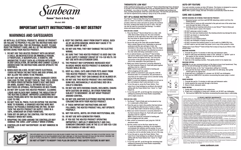 Page 1 de la notice Manuel utilisateur Sunbeam Renue 889