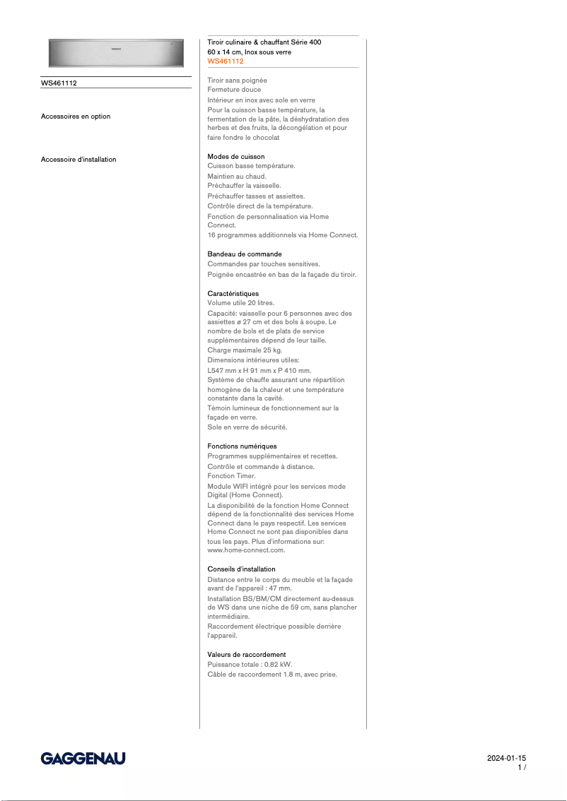 Page 1 de la notice Fiche technique Gaggenau WS461112