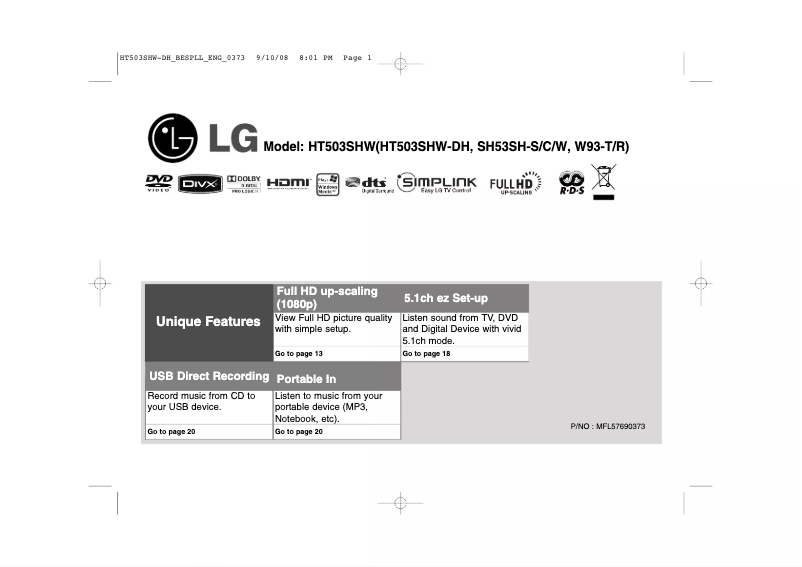 Page 1 de la notice Manuel utilisateur LG HT503SHW