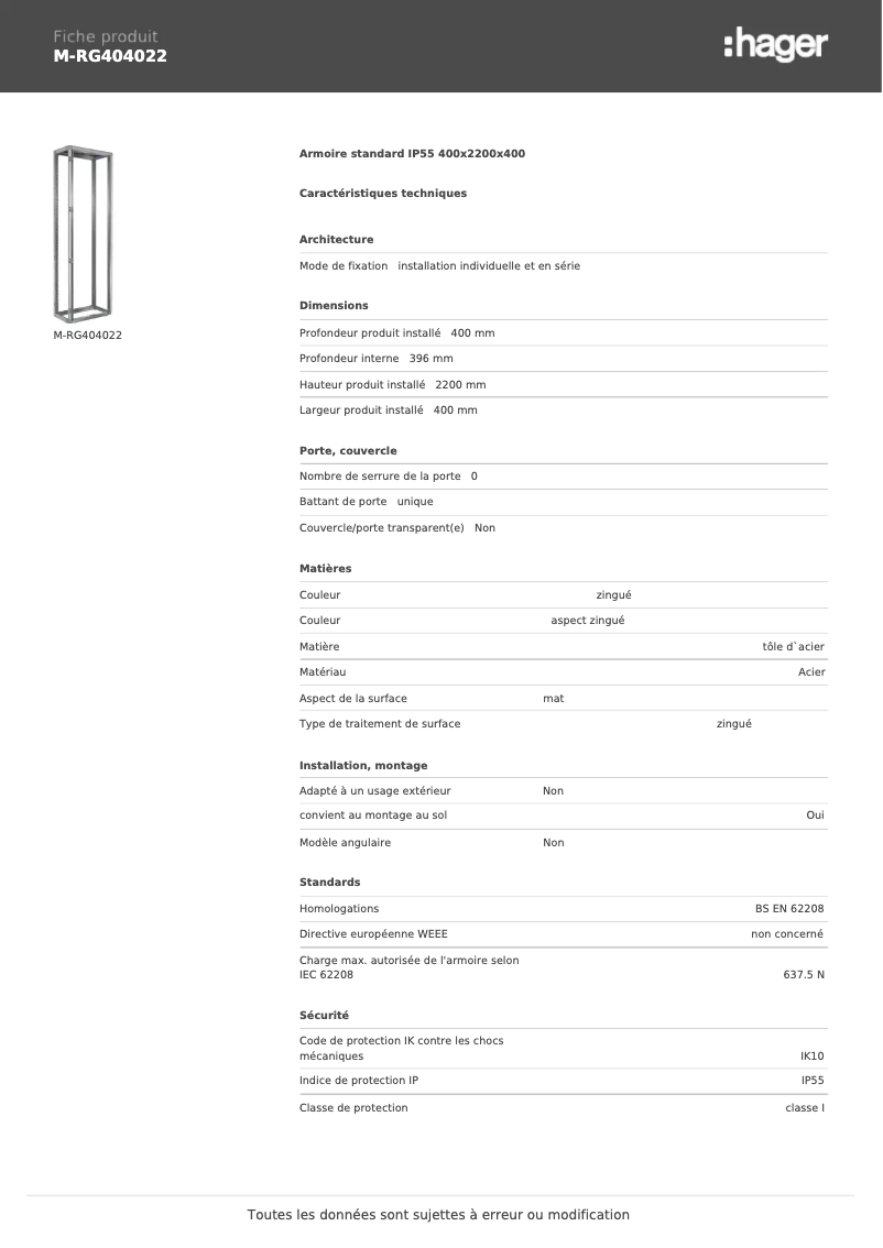 Page 1 de la notice Fiche technique Hager M-RG404022