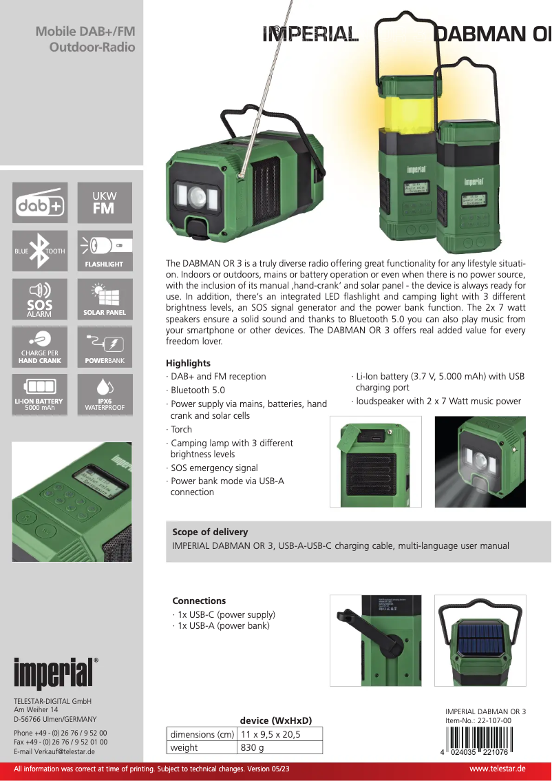 Page 1 de la notice Fiche technique Imperial DABMAN OR 3