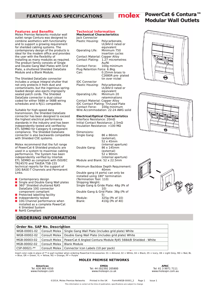 Page 1 de la notice Manuel utilisateur Molex PowerCat 6 Contura