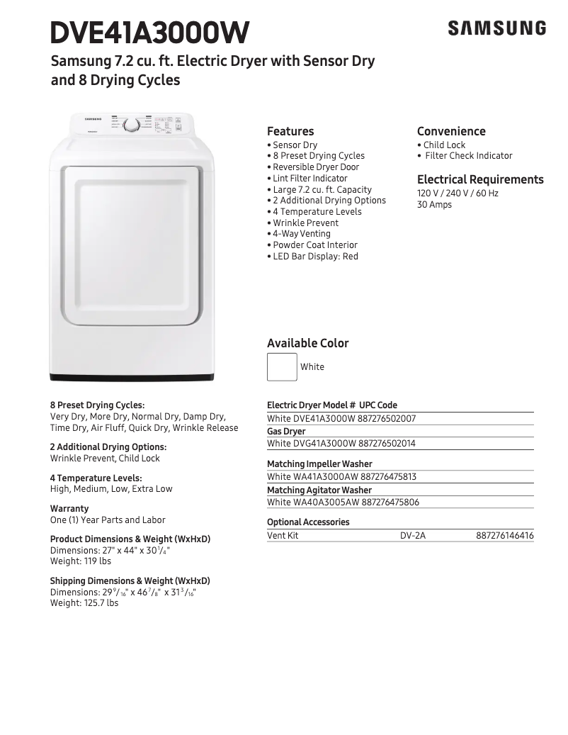 Page 1 de la notice Fiche technique Samsung DVE41A3000W