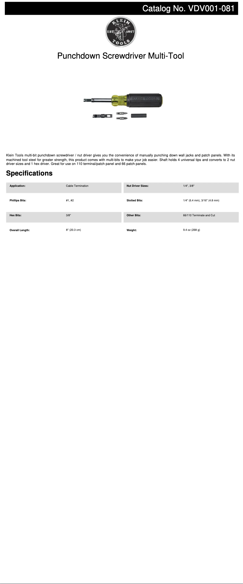 Page 1 de la notice Fiche technique Klein Tools VDV001-081