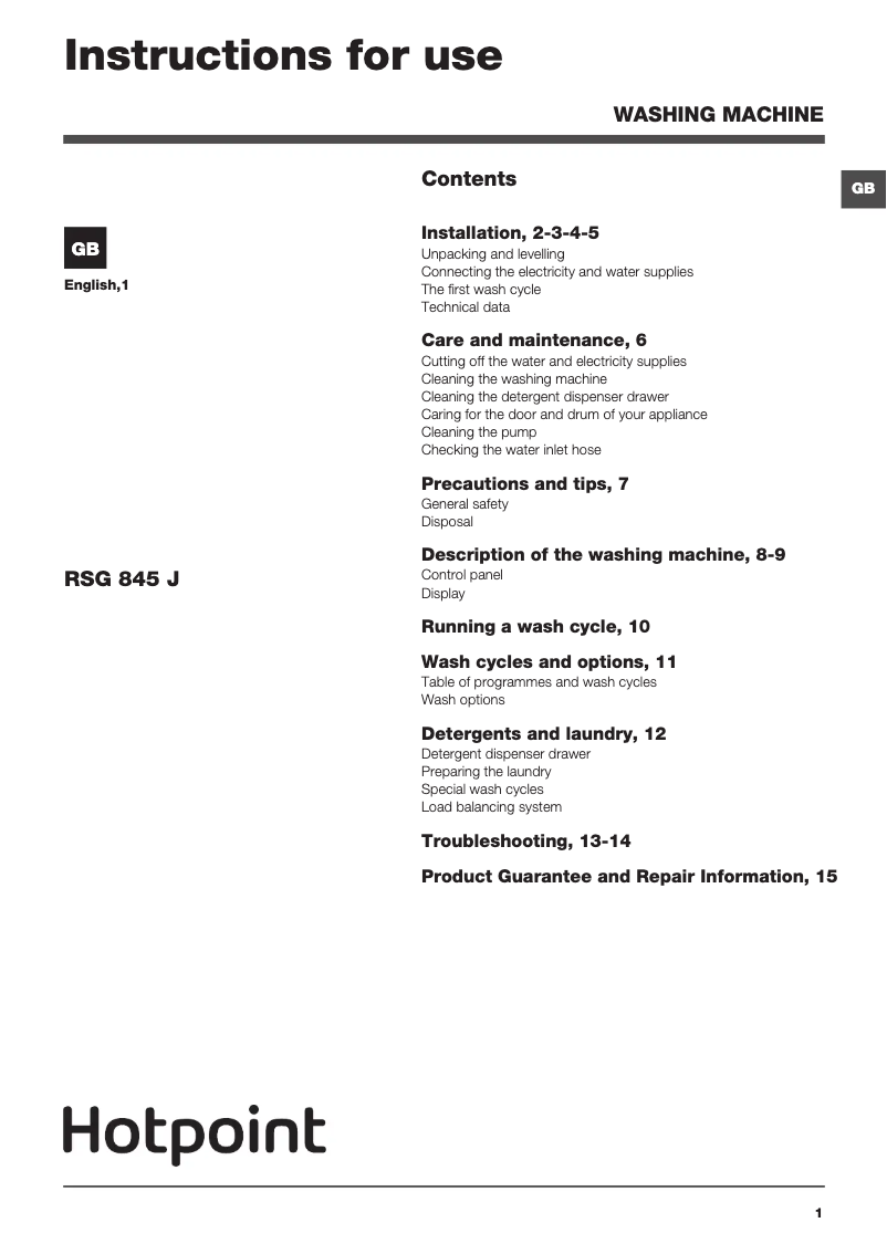 Page 1 de la notice Manuel utilisateur Hotpoint RSG 845 JX UK