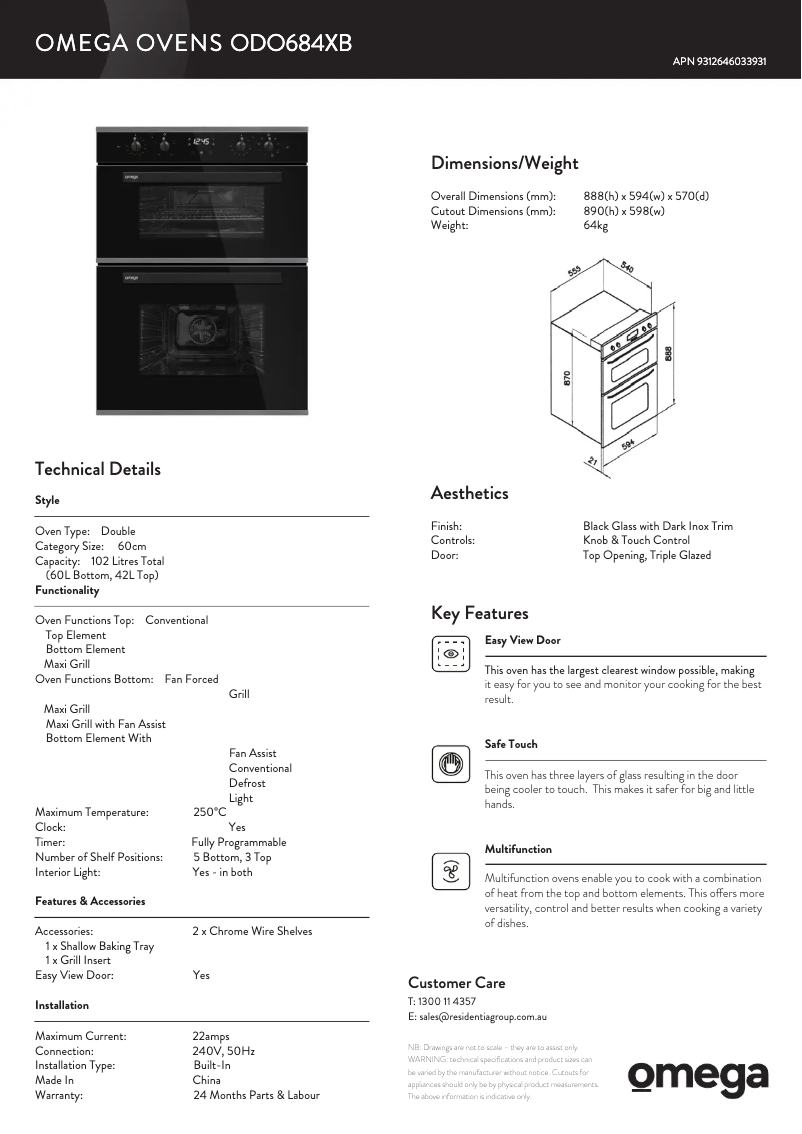 Page 1 de la notice Fiche technique Omega ODO684XB