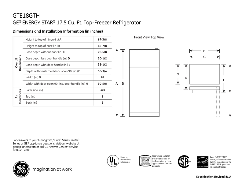 Page n°1 - Fiche technique GE GTE18GTHWW