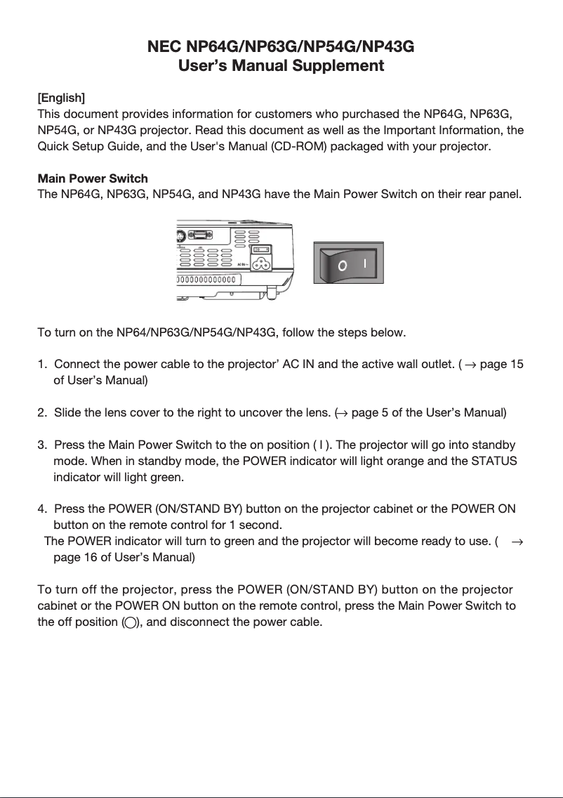 Page 1 de la notice Manuel utilisateur NEC NP64