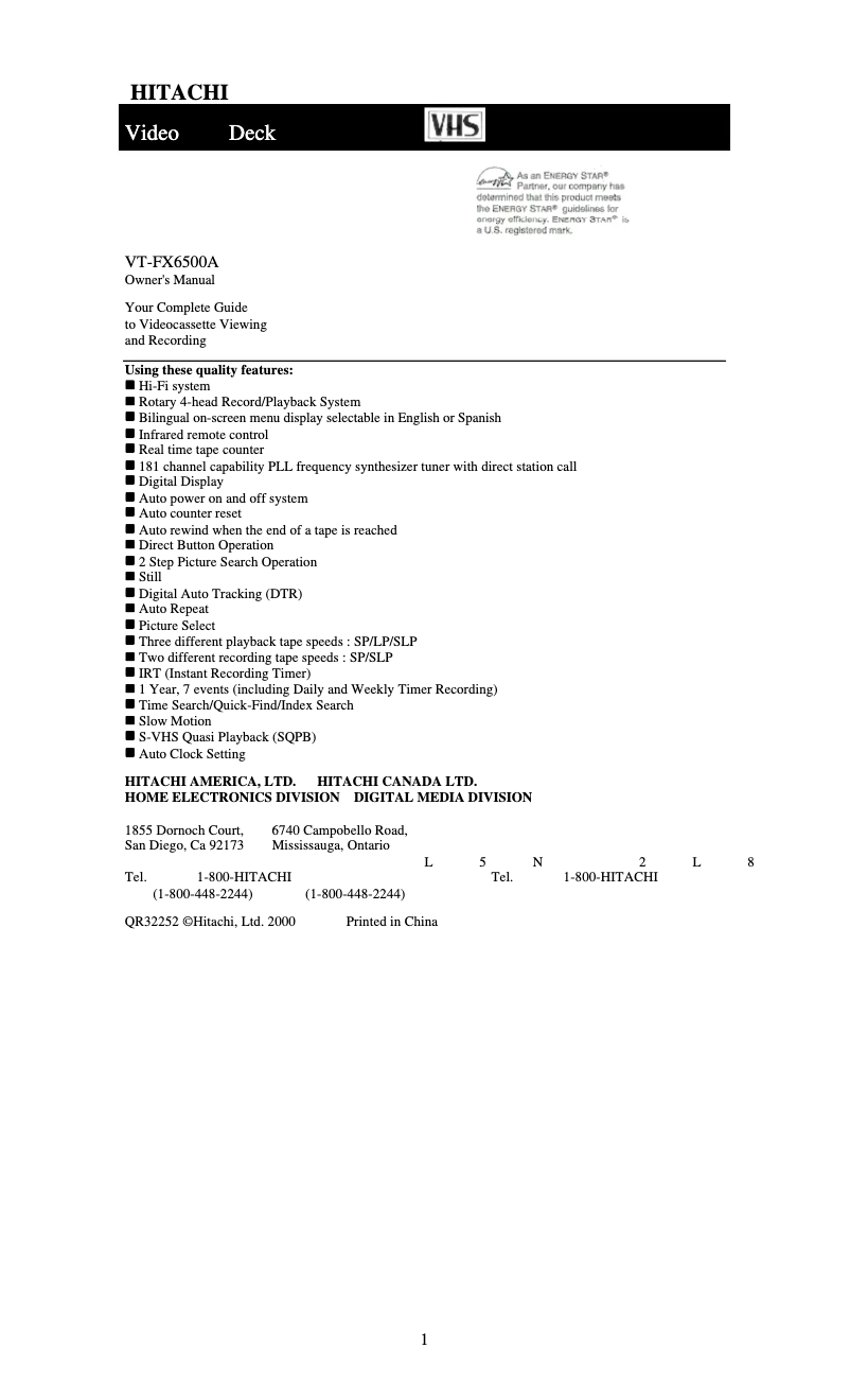 Page 1 de la notice Manuel utilisateur Hitachi VT-FX6500A