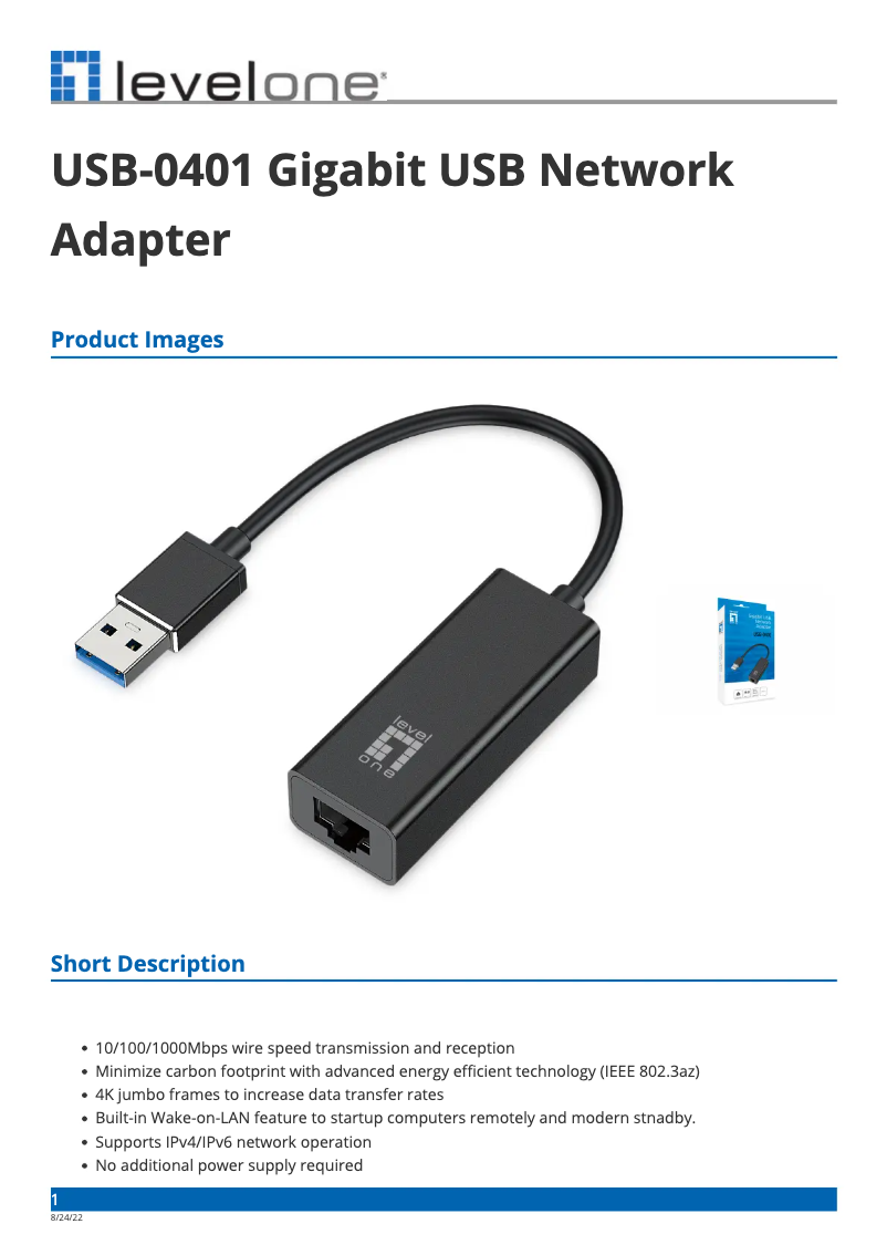 Page 1 de la notice Fiche technique LevelOne USB-0401