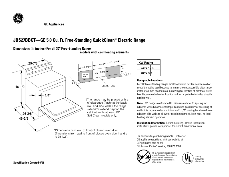 Page 1 de la notice Fiche technique GE JBS27BCCT