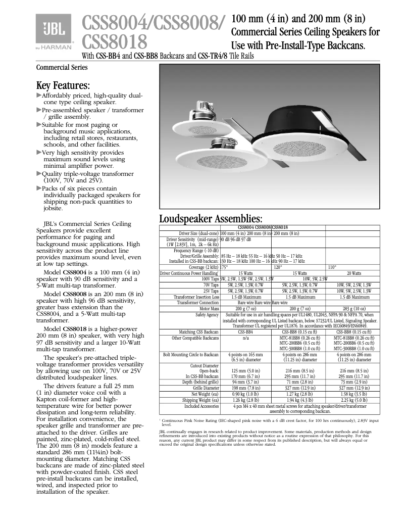 Page 1 de la notice Fiche technique JBL CSS8008