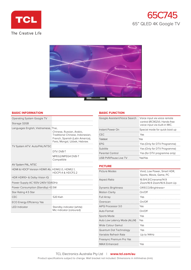 Page 1 de la notice Fiche technique TCL 65C745