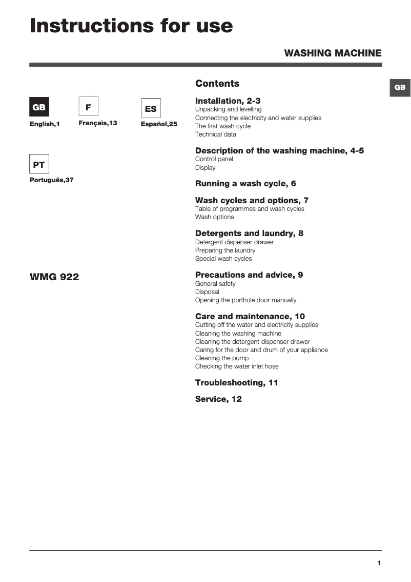 Page n°1 - Manuel utilisateur Hotpoint Ariston WMG 922X EU