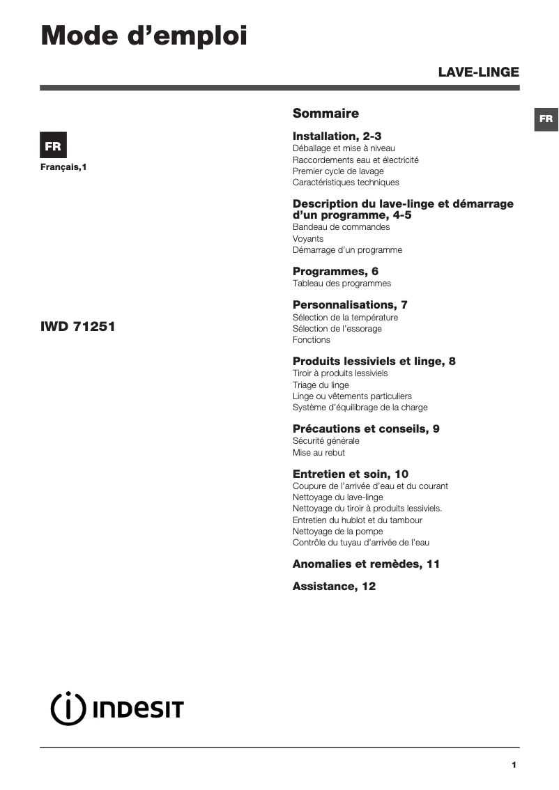 Page n°1 - Manuel utilisateur Indesit IWD 71251 C (FR)
