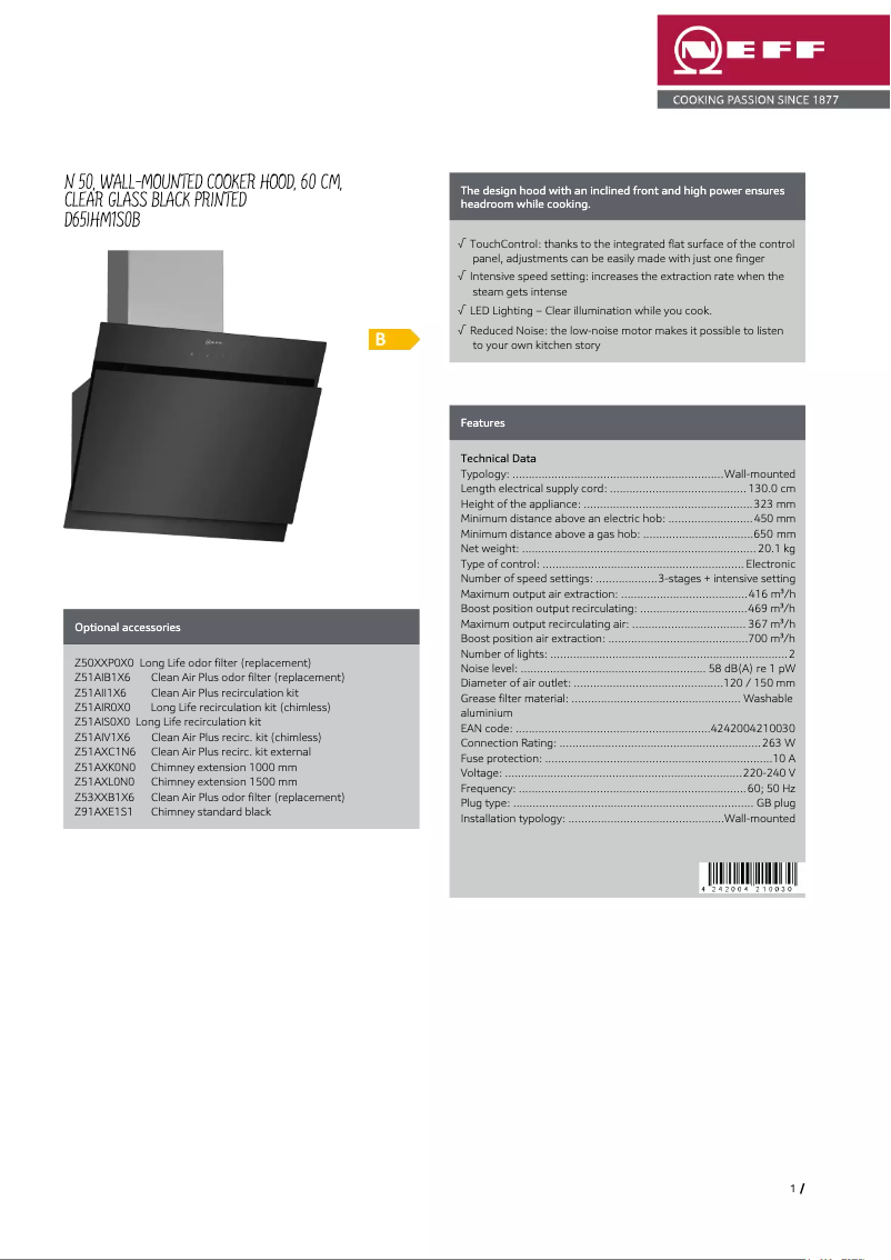 Page 1 de la notice Fiche technique Neff D65IHM1S0B
