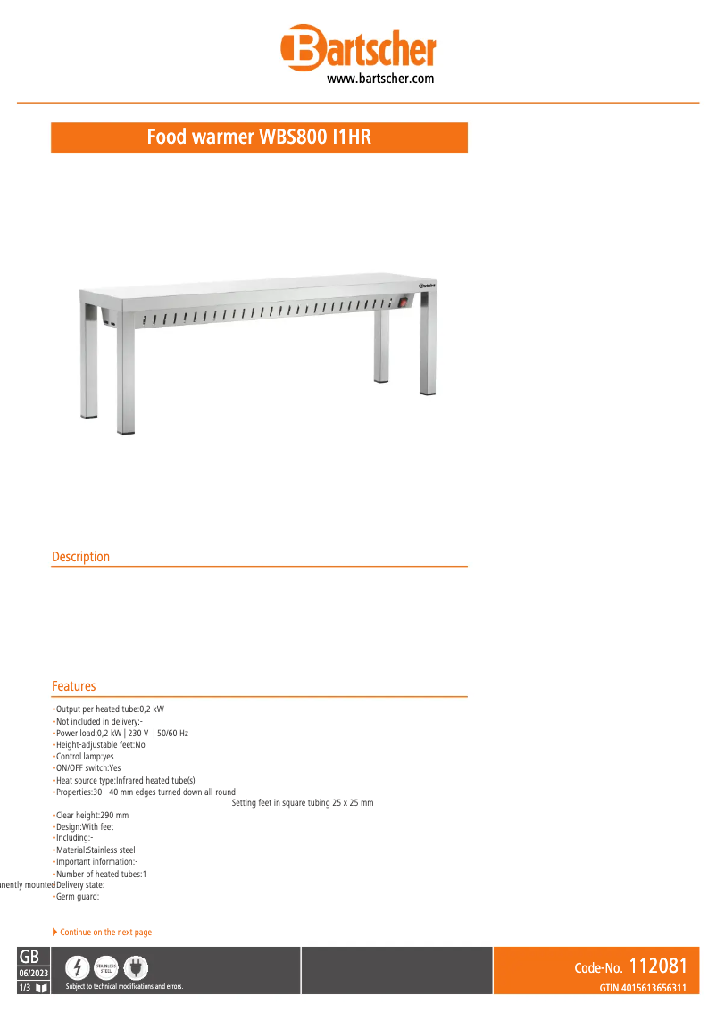 Page n°1 - Fiche technique Bartscher WBS800 I1HR