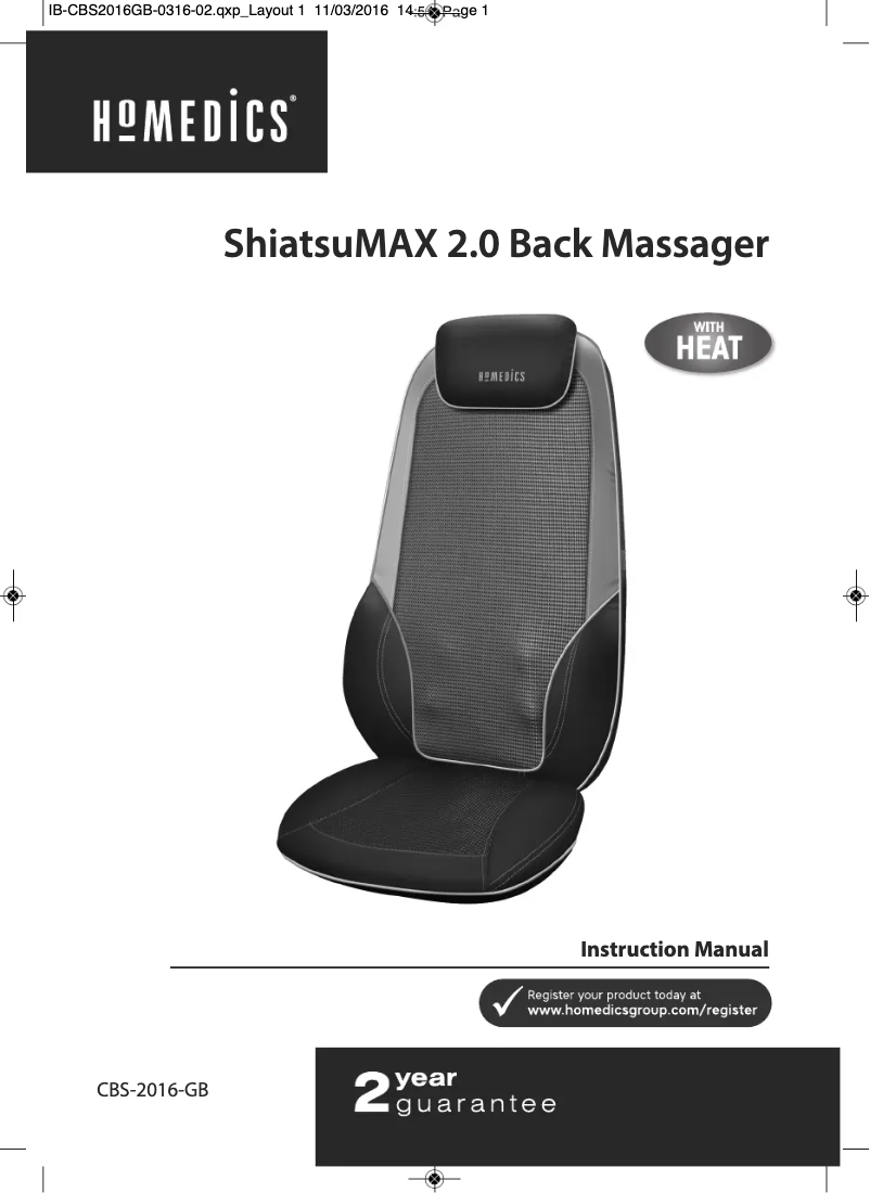 Page n°1 - Manuel utilisateur Homedics ShiatsuMAX 2.0 CBS-2016-GB