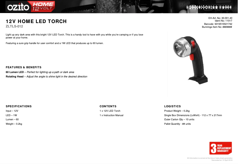 Página 1 del manual Ficha técnica Ozito ZLTLS-012