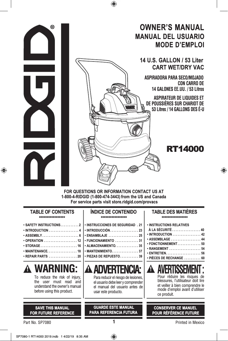Page n°1 - Manuel utilisateur Ridgid RT1400