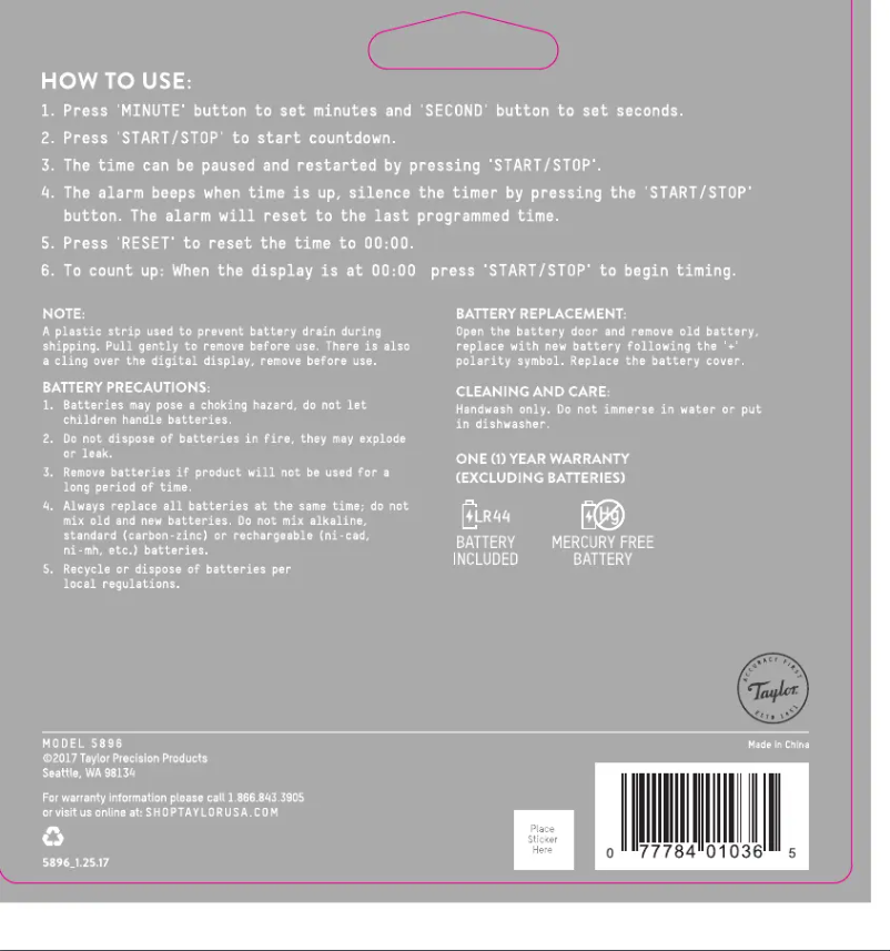 Page 1 de la notice Manuel utilisateur Taylor 5896