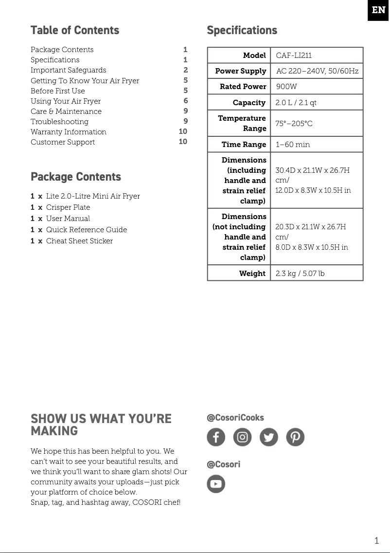 Page 1 de la notice Manuel utilisateur Cosori CAF-LI211