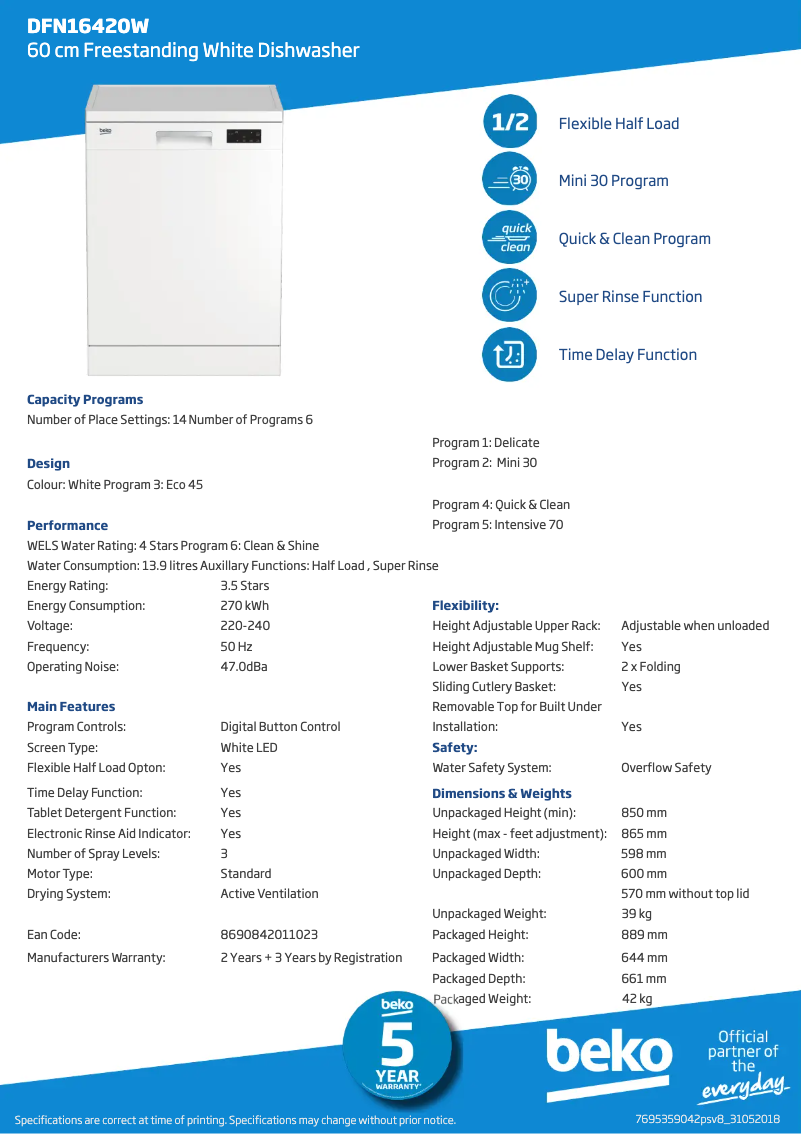 Page 1 de la notice Fiche technique Beko DFN16420W