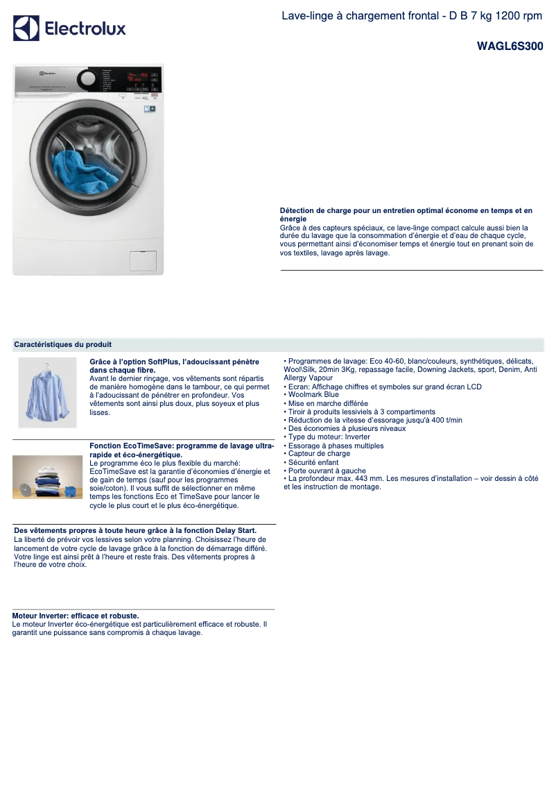 Page 1 de la notice Fiche technique Electrolux WAGL6S300