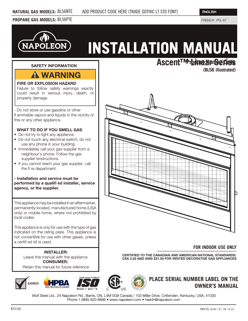 Page n°1 - Manuel utilisateur Napoleon Ascent Linear 56