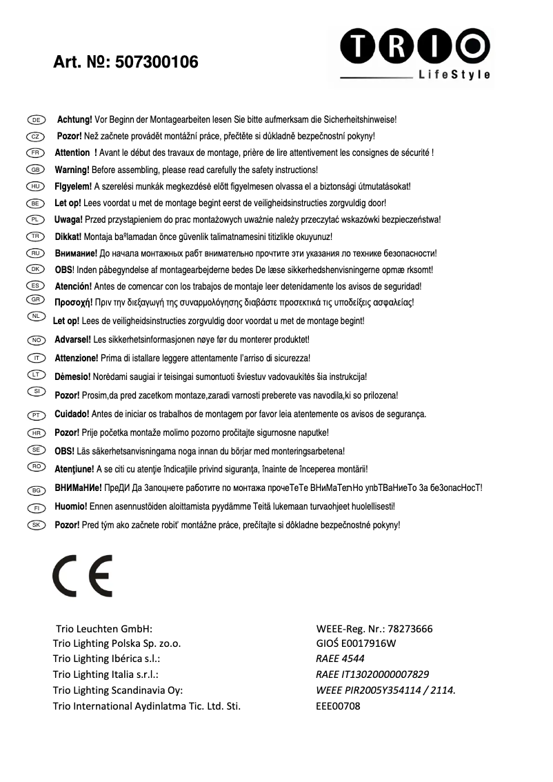 Page n°1 - Manuel utilisateur Trio Lighting Antwerp 507300106