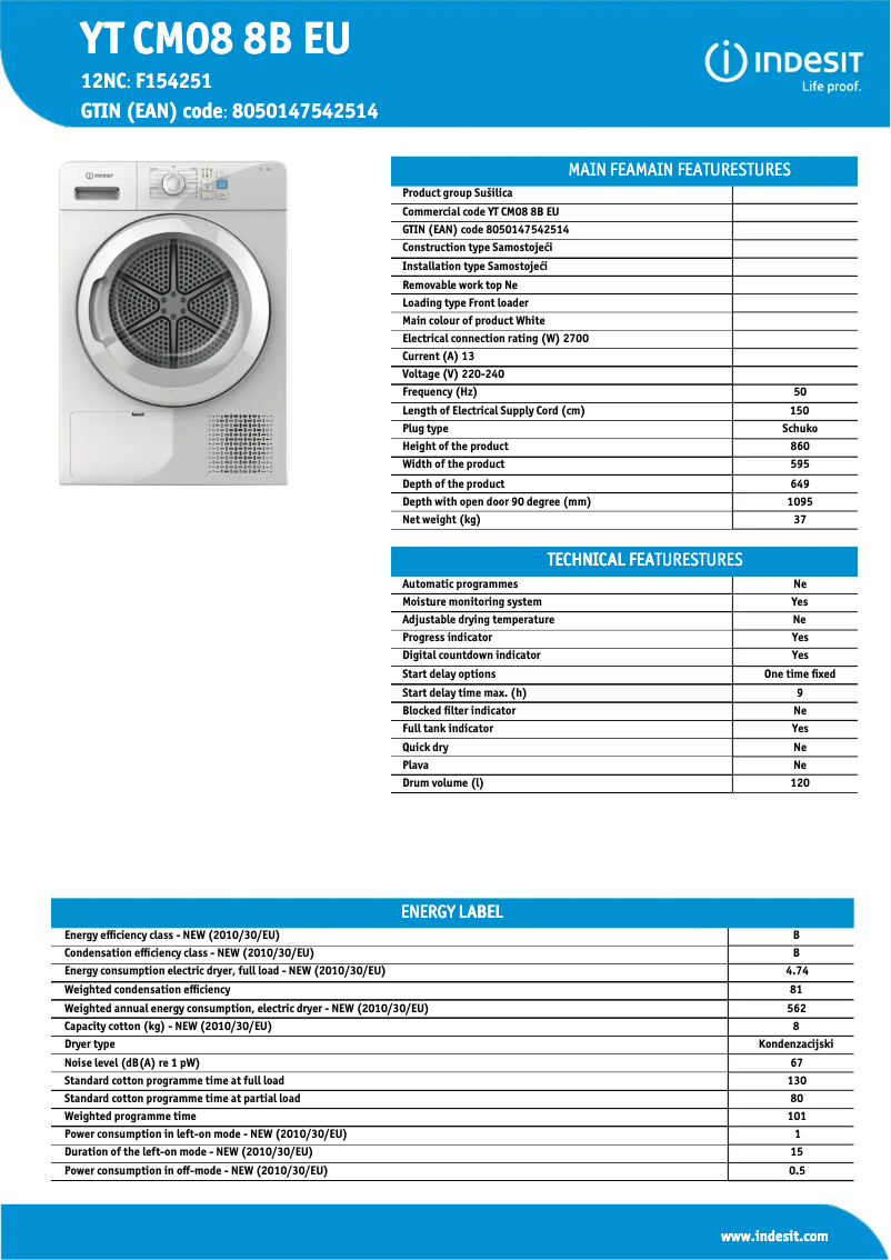 Page n°1 - Fiche technique Indesit YT CM08 8B EU