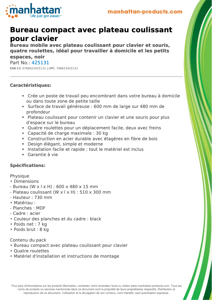 Page 1 de la notice Fiche technique Manhattan 425131