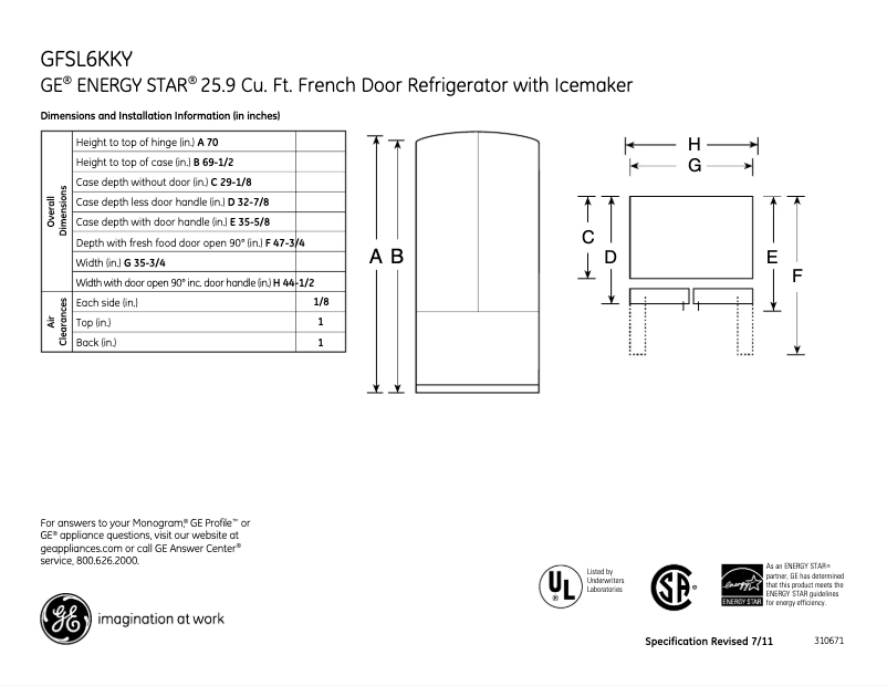 Page 1 de la notice Fiche technique GE GFSL6KKYLS